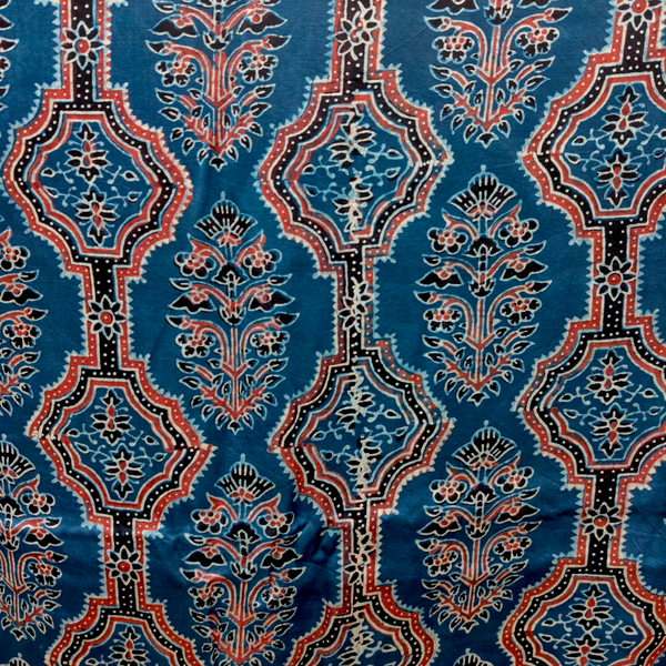 Modal Silk Ajrakh Blue Floral Hand Block Printed Fabric