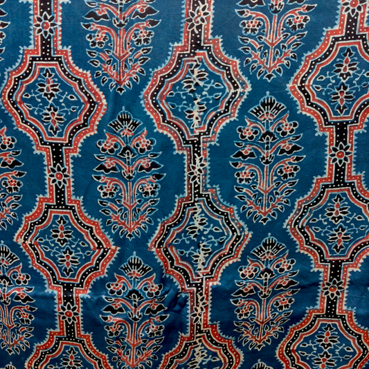 Modal Silk Ajrakh Blue Floral Hand Block Printed Fabric