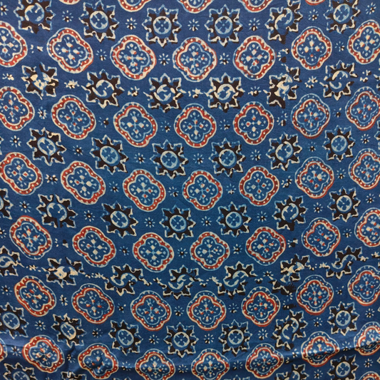 Modal Silk Ajrakh Blue Floral Hand Block Printed Fabric