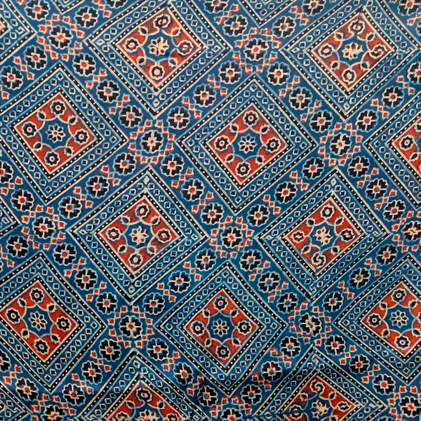 Modal Silk Ajrakh Blue Floral Hand Block Printed Fabric