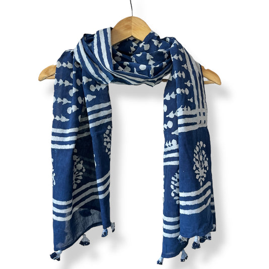 Indigo Mul Cotton Stole with Tassels
