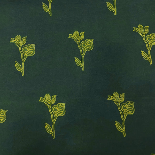 Dabu Green Bird Motif Hand Block Printed Fabric