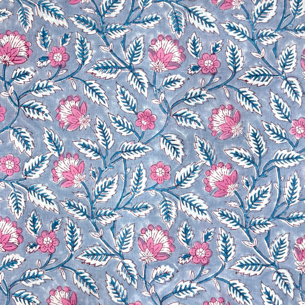 Rapid Blue - Gray Floral Hand Block Printed Fabric
