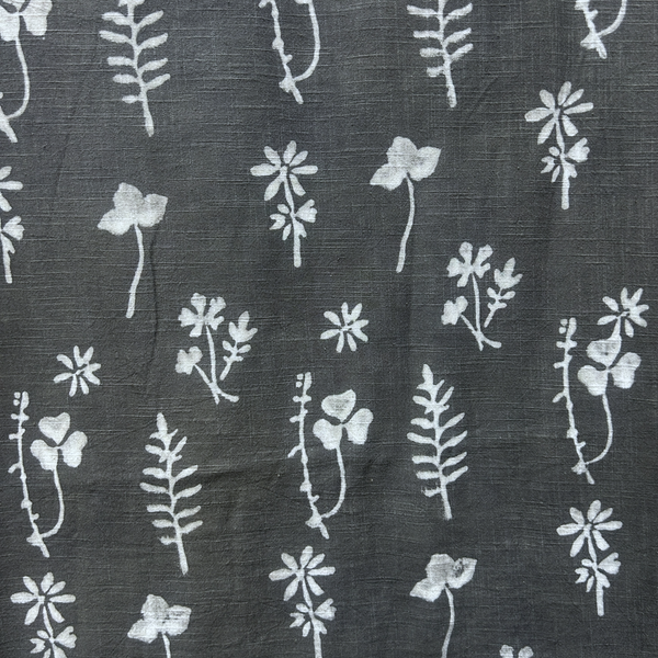 Dabu Grey Slub Cotton  Floral Hand Block Printed Fabric