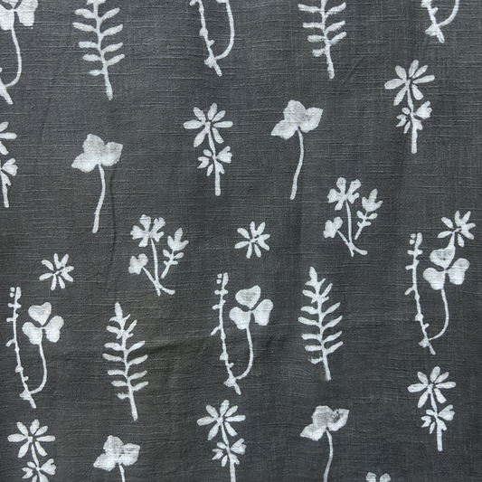 Dabu Grey Slub Cotton  Floral Hand Block Printed Fabric