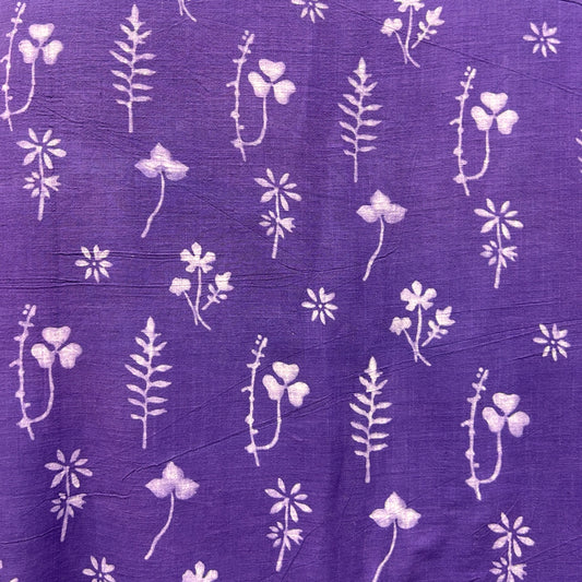 Dabu Purple Slub Cotton  Floral Hand Block Printed Fabric