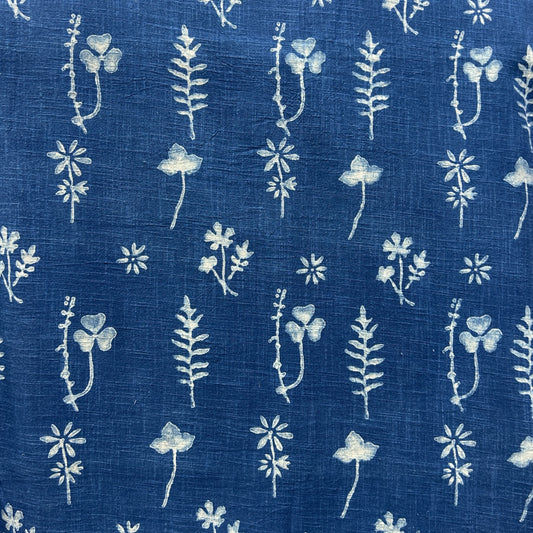 Dabu Blue Slub Cotton  Floral Hand Block Printed Fabric