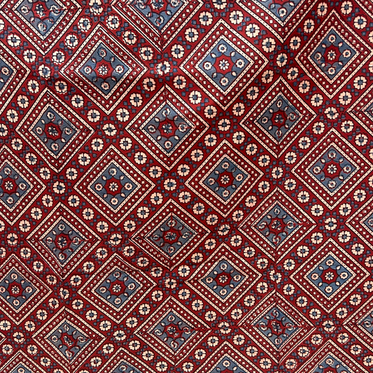 Ajrakh Red Geometric Hand Block Printed Fabric