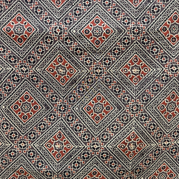 Ajrakh Brown Geometric Hand Block Printed Fabric