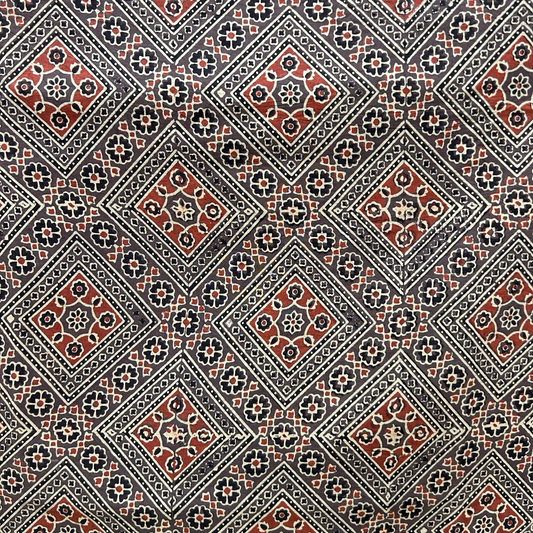 Ajrakh Brown Geometric Hand Block Printed Fabric