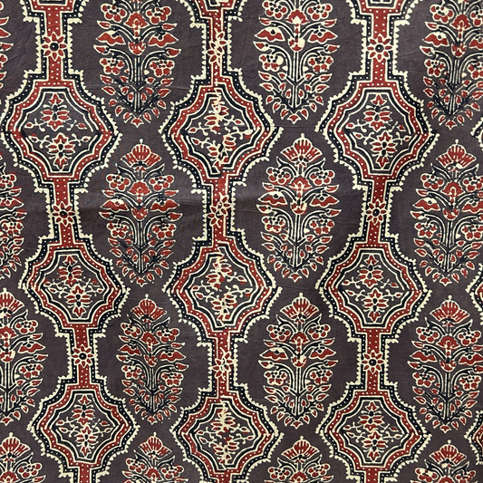 Ajrakh Brown Floral Hand Block Printed Fabric
