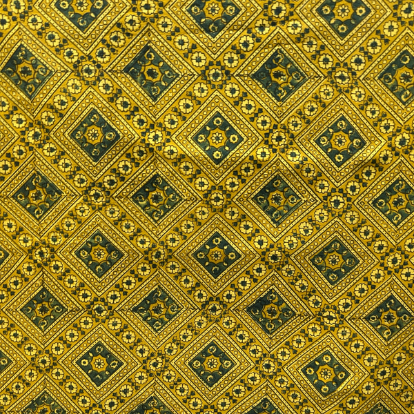 Ajrakh Yellow Geometric Hand Block Printed Fabric