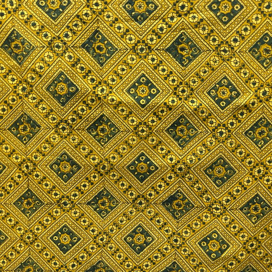 Ajrakh Yellow Geometric Hand Block Printed Fabric