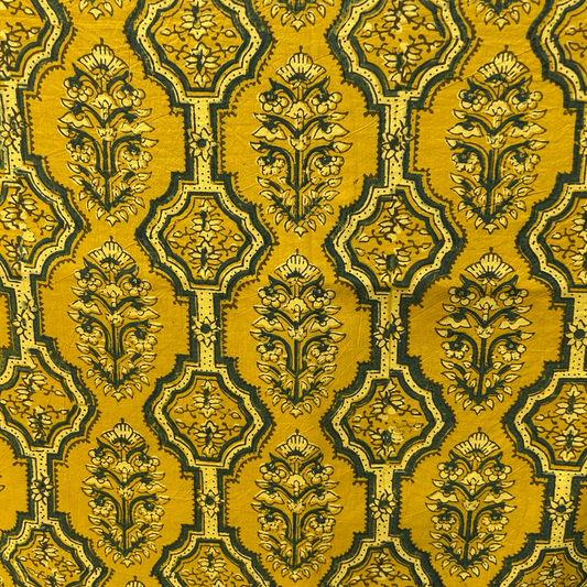 Ajrakh Yellow Floral Hand Block Printed Fabric