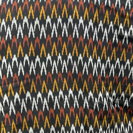 Cotton Mercerised Ikkat Black With White Red and Yellow Woven Fabric