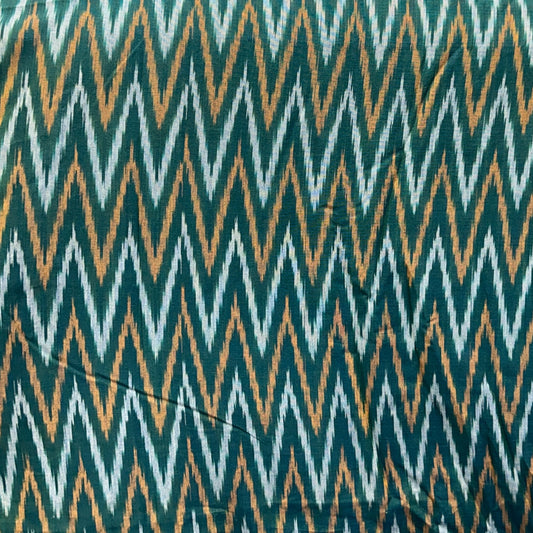Cotton Mercerised Ikkat Dark Green With White and Yellow Woven Fabric