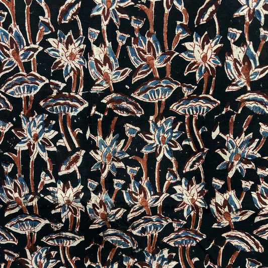 Kalamkari Black Floral Hand Block Printed Fabric