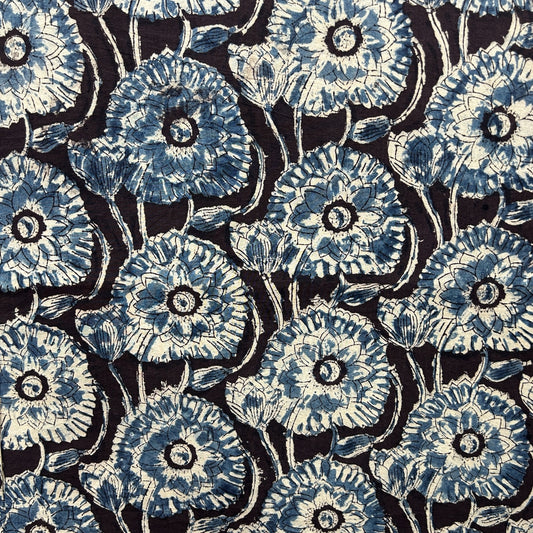 Kalamkari Black Floral Hand Block Printed Fabric