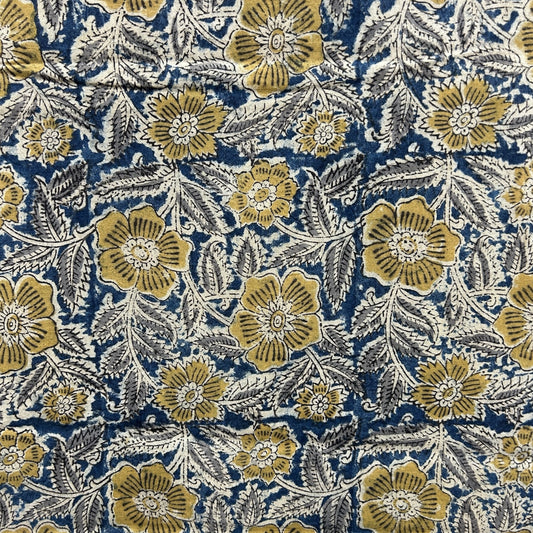 Kalamkari Blue Yellow Floral Hand Block Printed Fabric