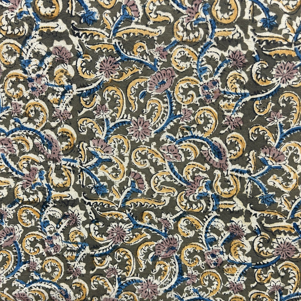 Kalamkari Olive Green Floral Hand Block Printed Fabric