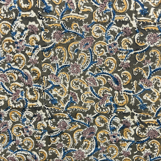 Kalamkari Olive Green Floral Hand Block Printed Fabric