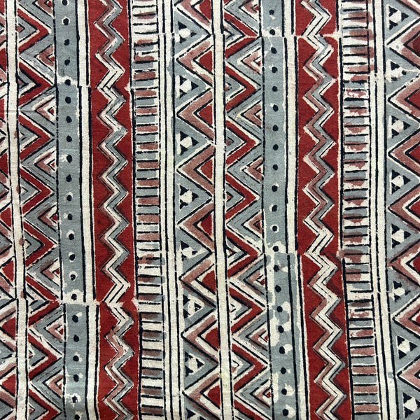 Kalamkari Red Grey Geometric Motif Hand Block Printed Fabric