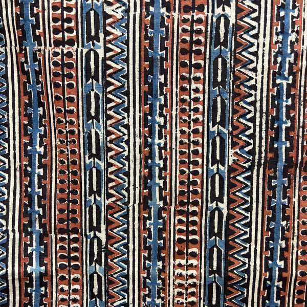 Kalamkari Cream With Red and Blue Geometric Motif Hand Block Printed Fabric