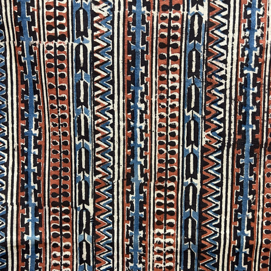 Kalamkari Cream With Red and Blue Geometric Motif Hand Block Printed Fabric