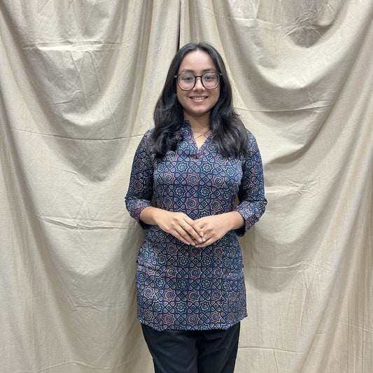 Ajrakh Blue Geometric Modal Silk Short Kurti