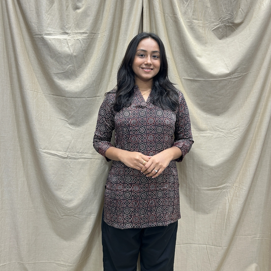 Ajrakh Brown Geometric Modal Silk Short Kurti