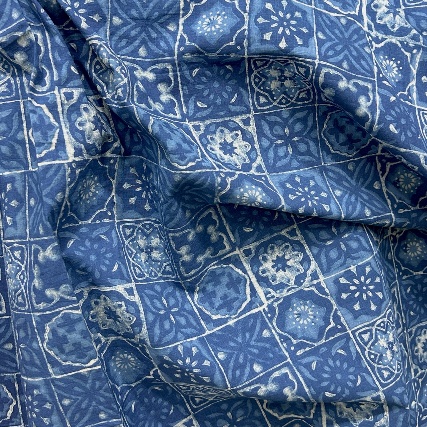 Dabu Blue Slub Cotton Floral Hand Block Printed Fabric