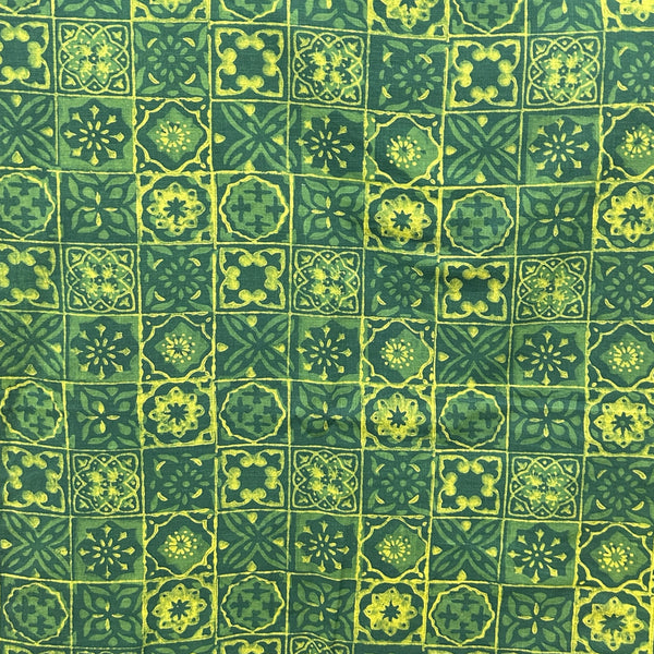 Dabu Green Slub Cotton Floral Hand Block Printed Fabric