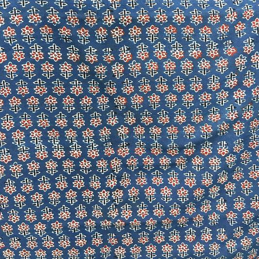 Ajrakh Blue Floral Hand Block Printed Fabric