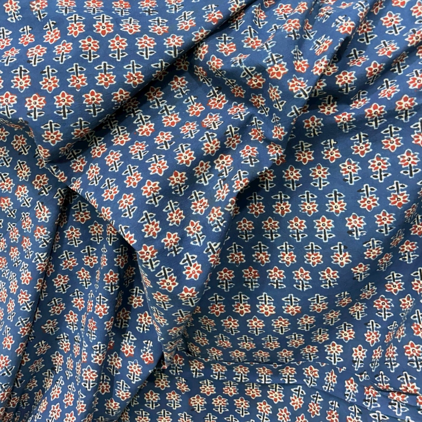 Ajrakh Blue Floral Hand Block Printed Fabric