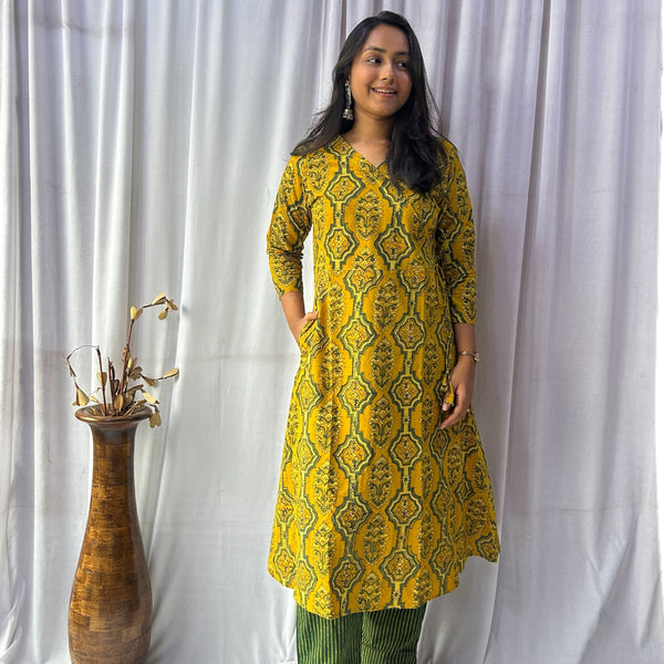 Ajrakh Yellow Floral Hand Block Printed Angrakha