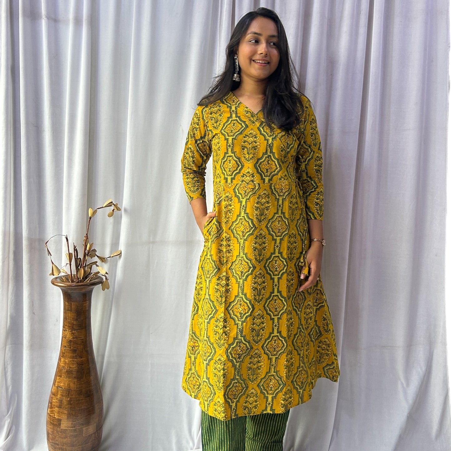 Ajrakh Yellow Floral Hand Block Printed Angrakha