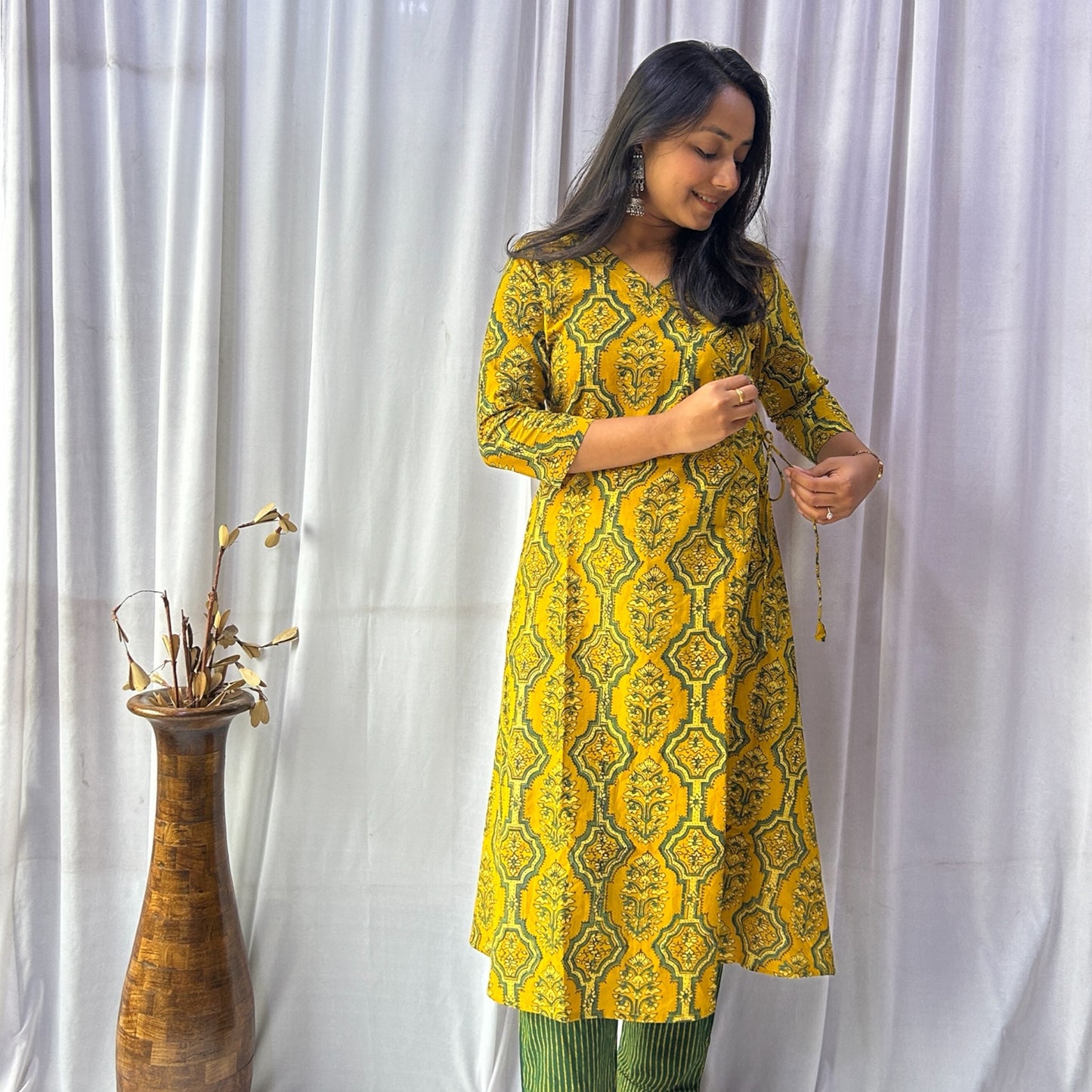 Ajrakh Yellow Floral Hand Block Printed Angrakha