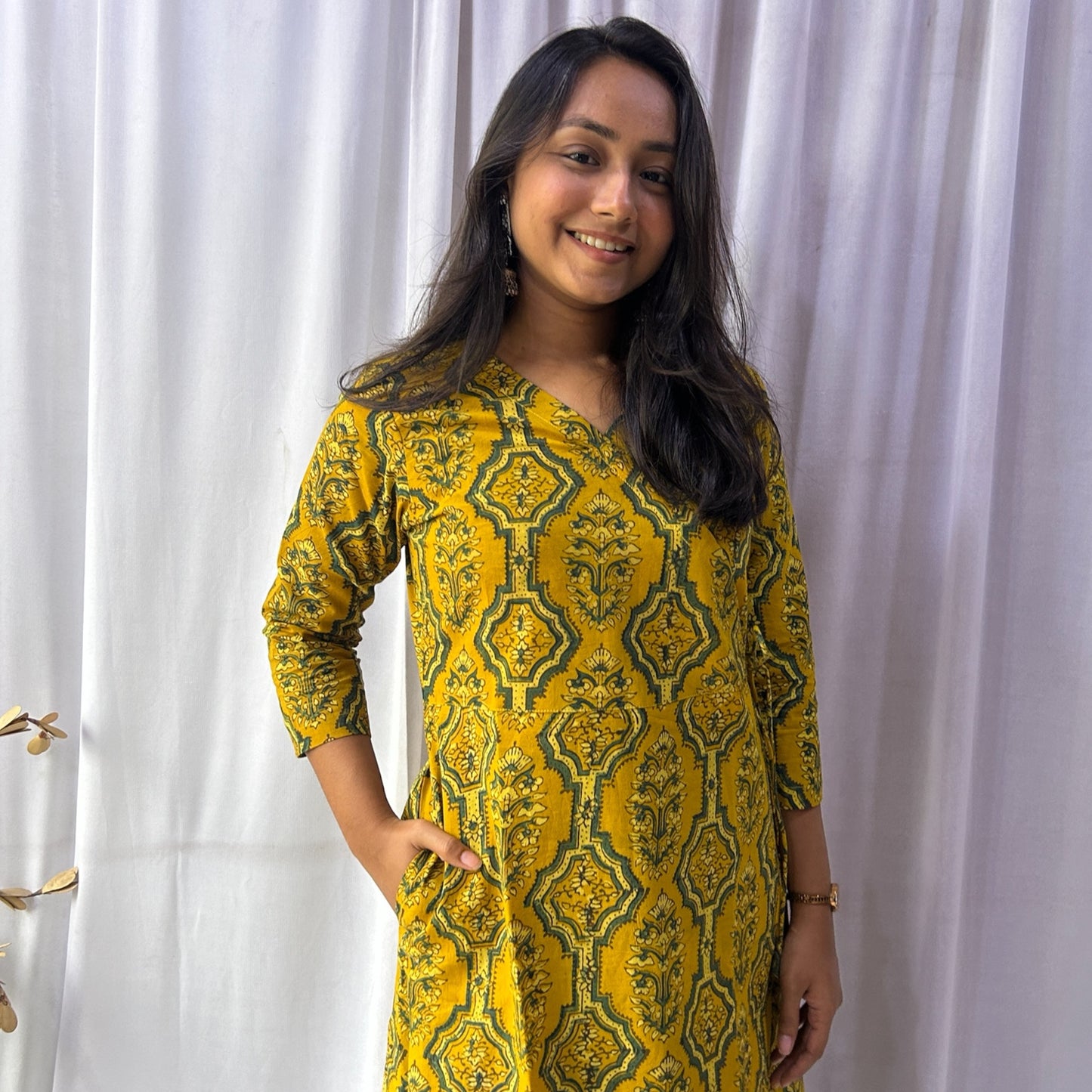 Ajrakh Yellow Floral Hand Block Printed Angrakha