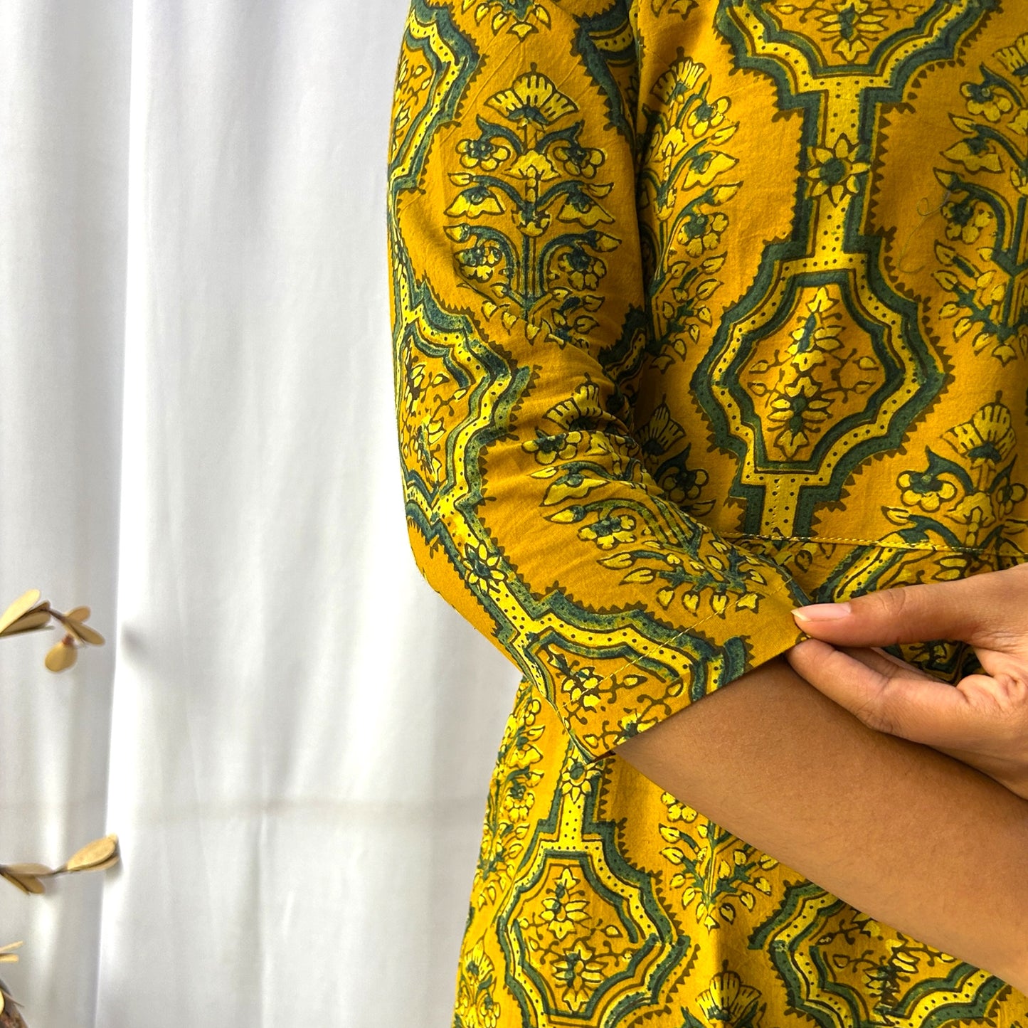 Ajrakh Yellow Floral Hand Block Printed Angrakha