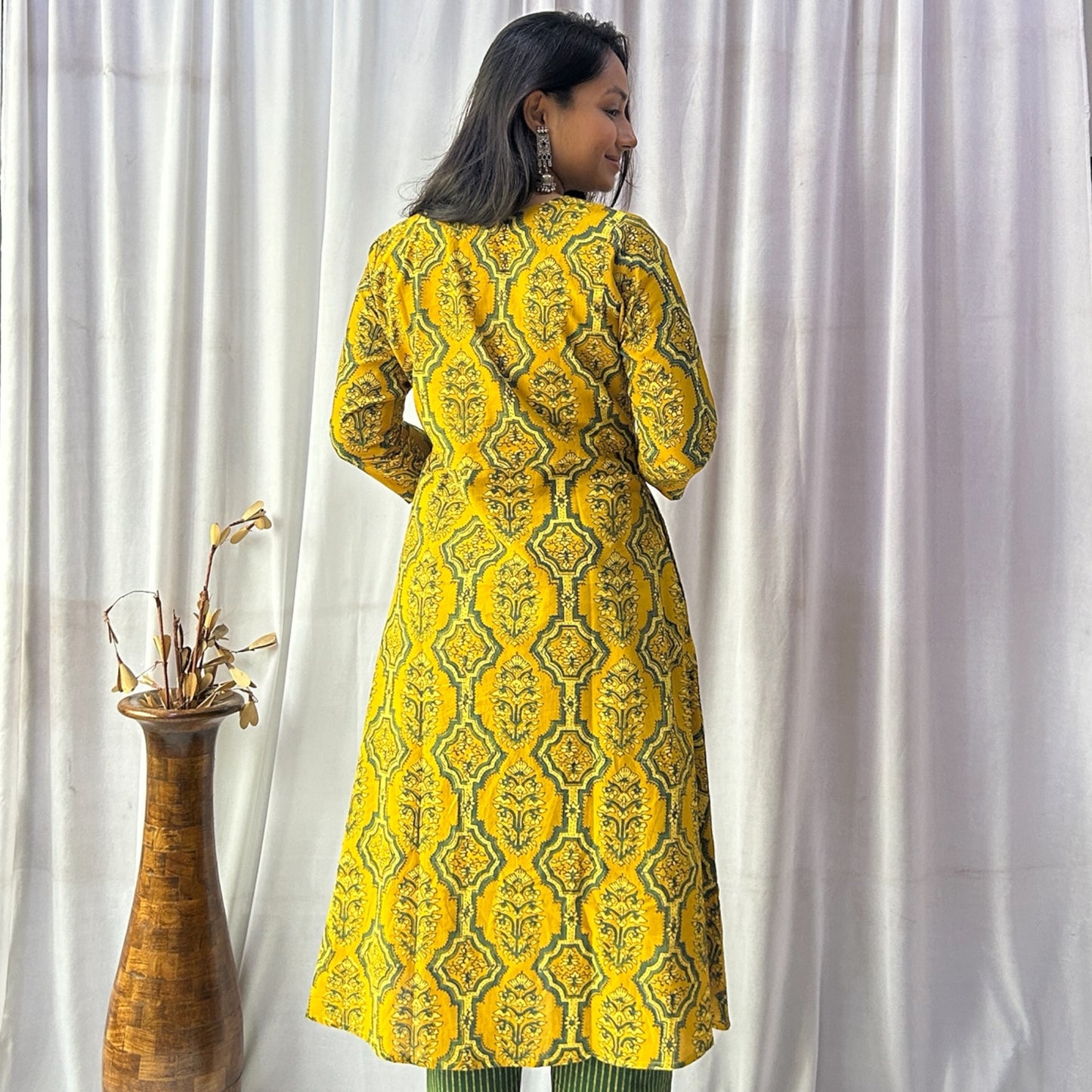 Ajrakh Yellow Floral Hand Block Printed Angrakha