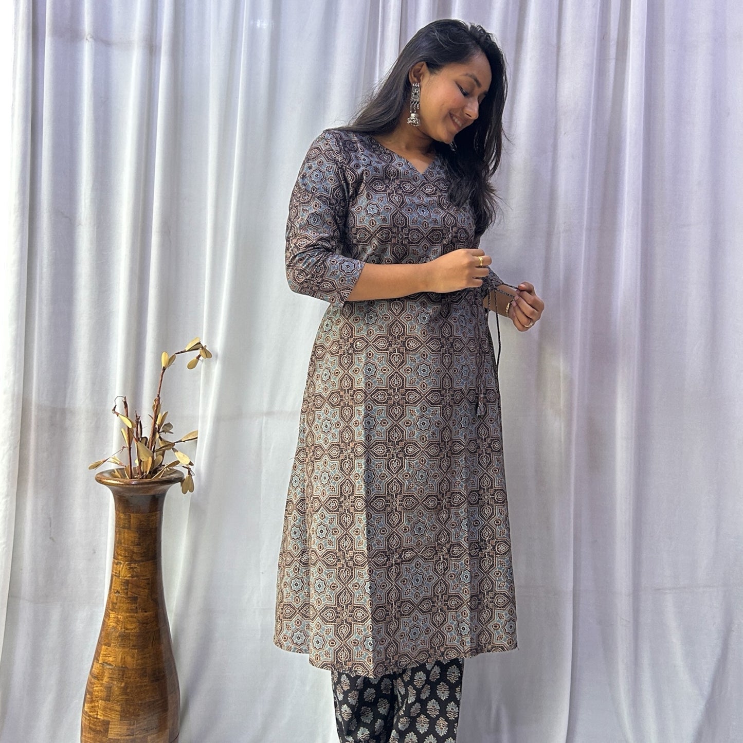 Ajrakh Black Floral Hand Block Printed Angrakha