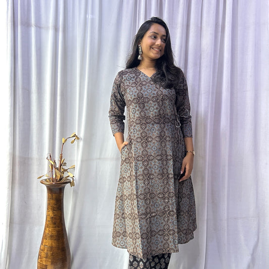 Ajrakh Black Floral Hand Block Printed Angrakha