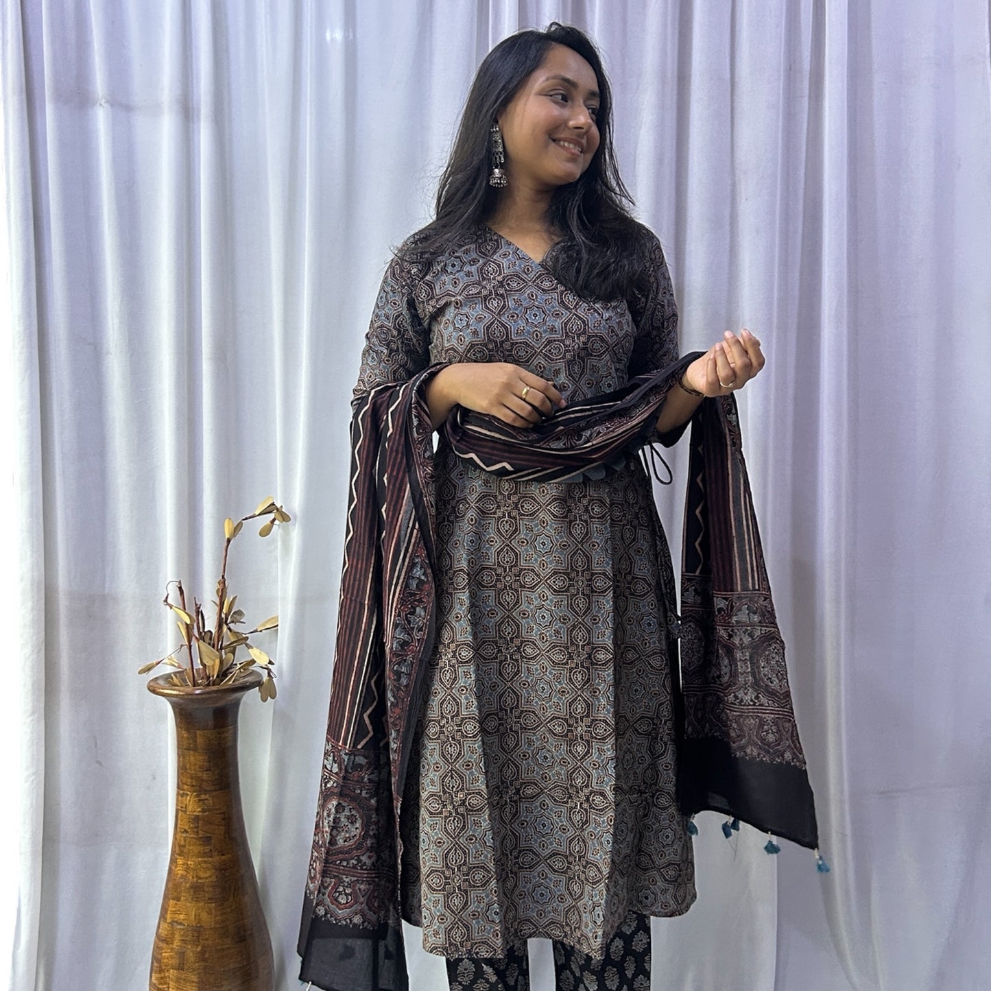 Ajrakh Black Floral Hand Block Printed Angrakha