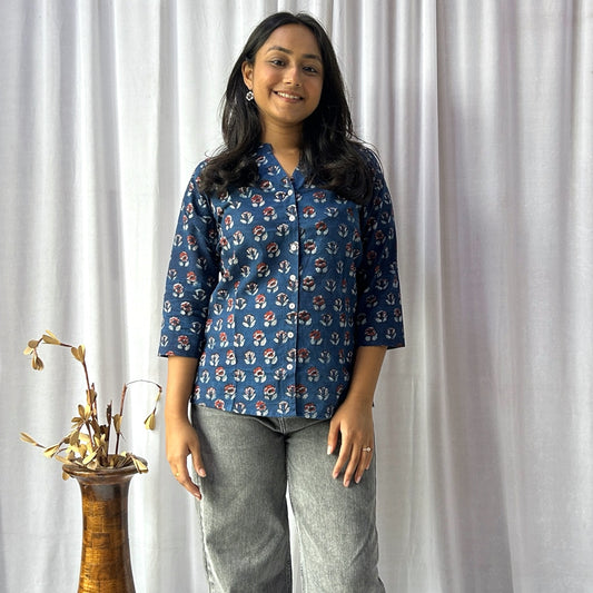 Dabu Blue Floral Hand Block Printed Tunic