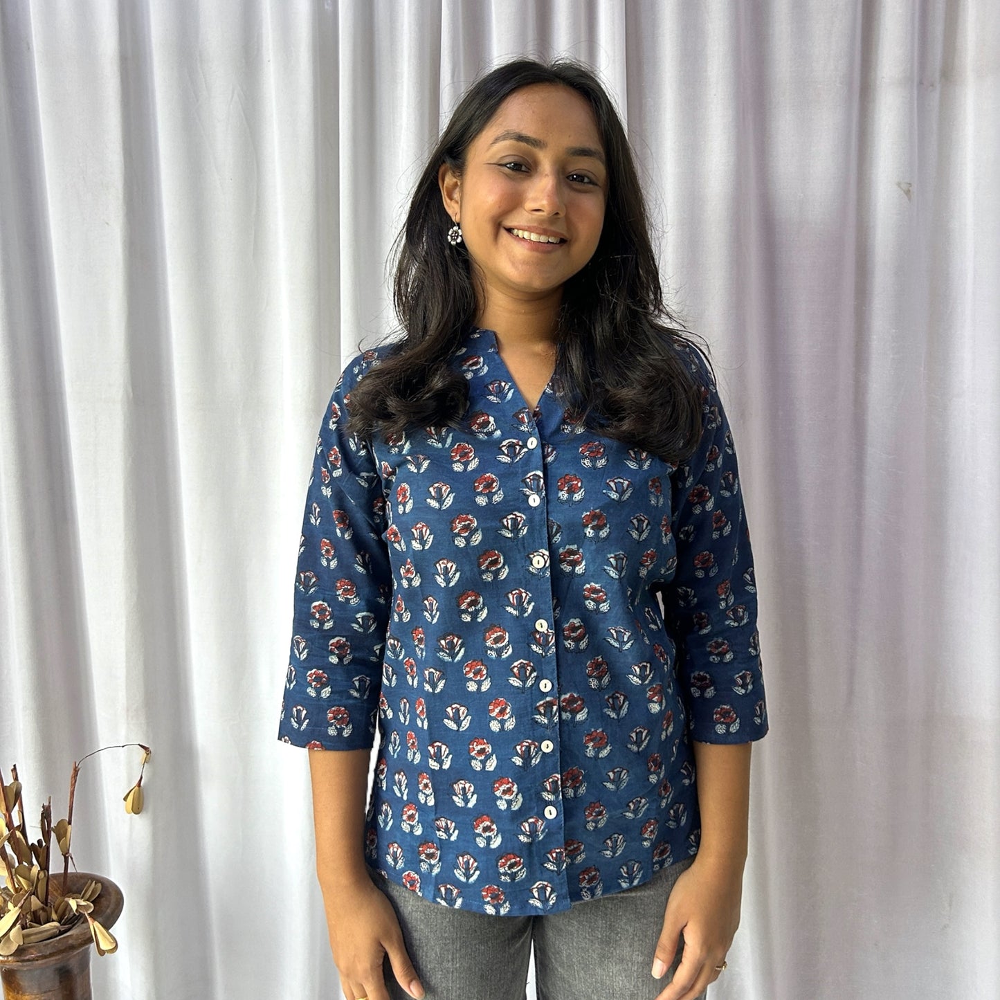 Dabu Blue Floral Hand Block Printed Tunic