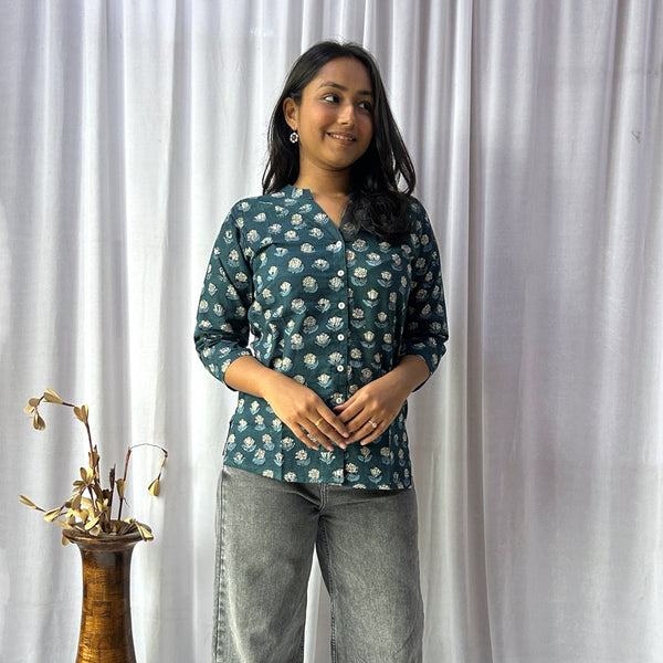 Dabu Green Floral Hand Block Printed Tunic