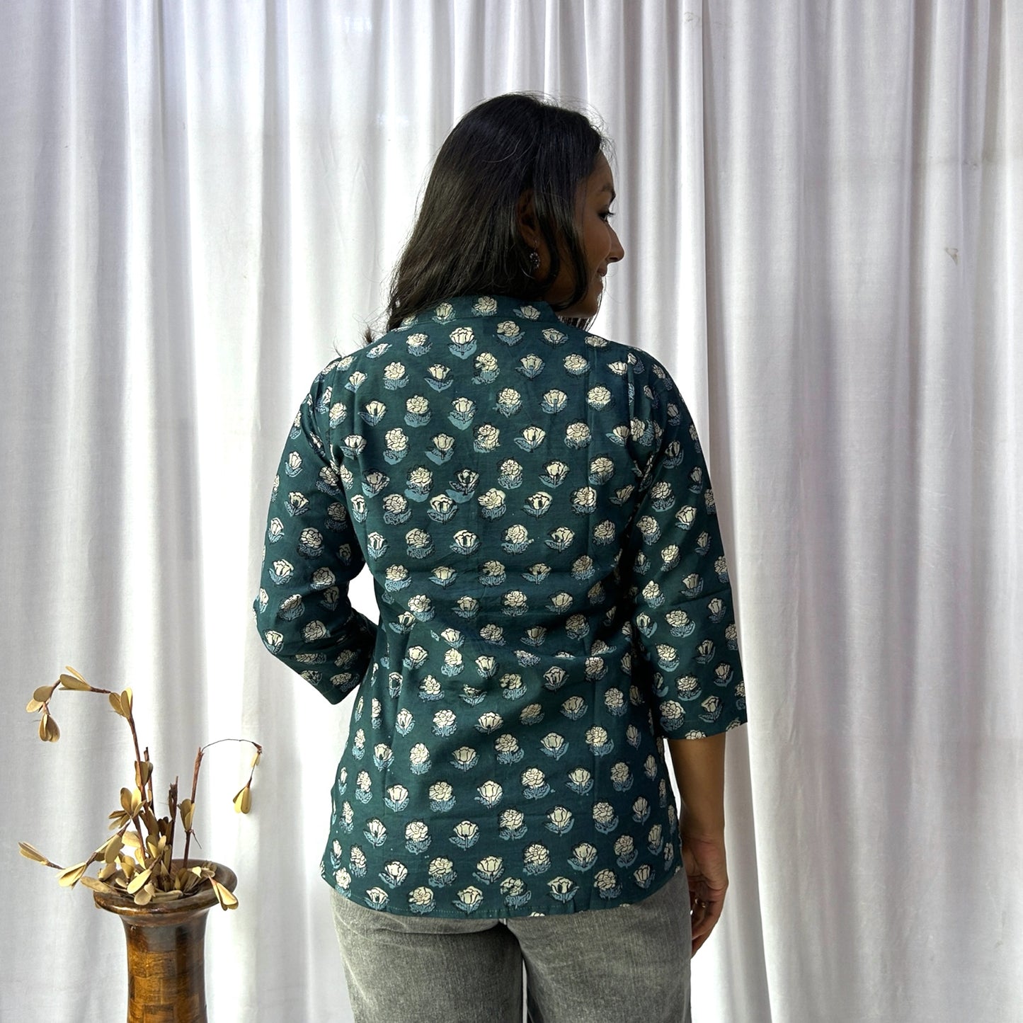 Dabu Green Floral Hand Block Printed Tunic