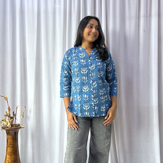 Dabu Blue Floral Hand Block Printed Tunic