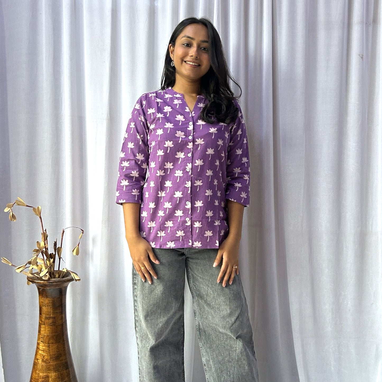 Dabu Purple Floral Hand Block Printed Tunic