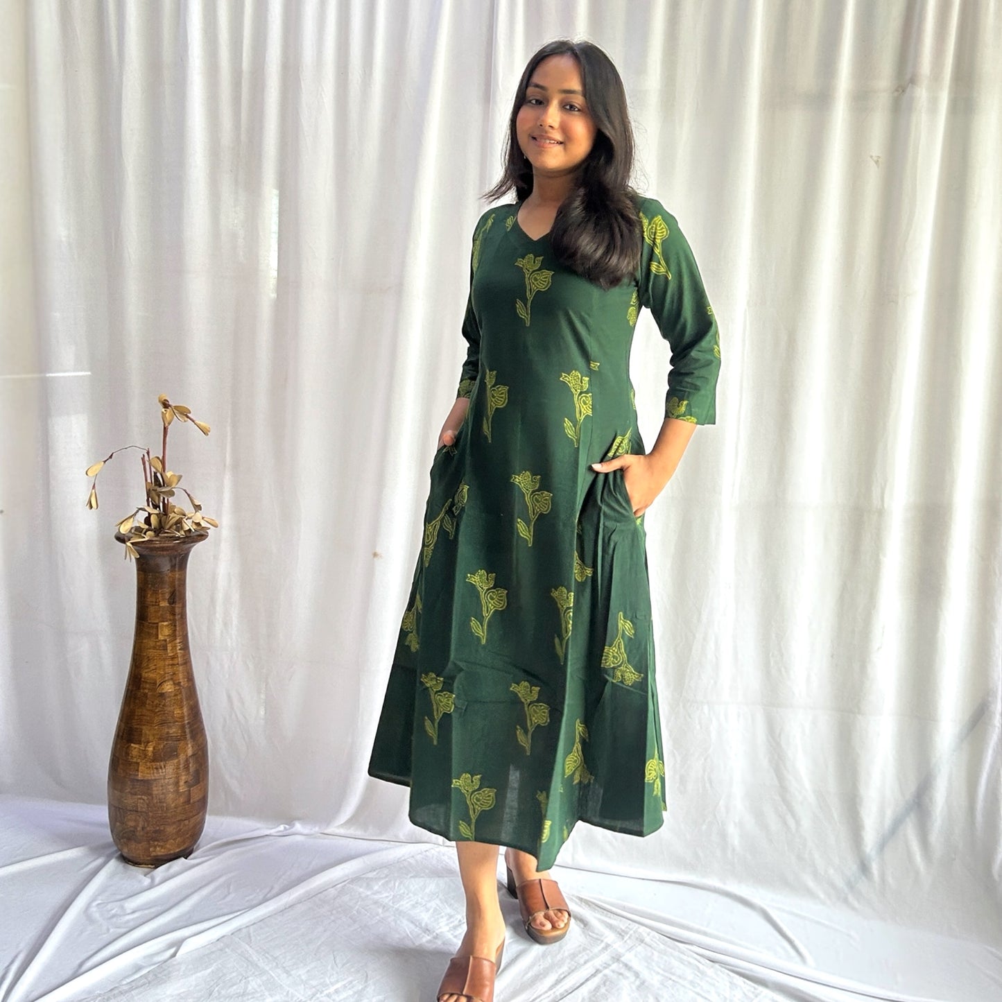 Dabu Green Animal Print Hand Block Printed Dress
